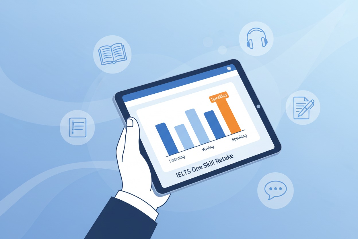A hand holds a tablet displaying a bar chart with four bars labeled Listening, Writing, and Speaking, surrounded by icons for reading, listening, writing, and speaking.